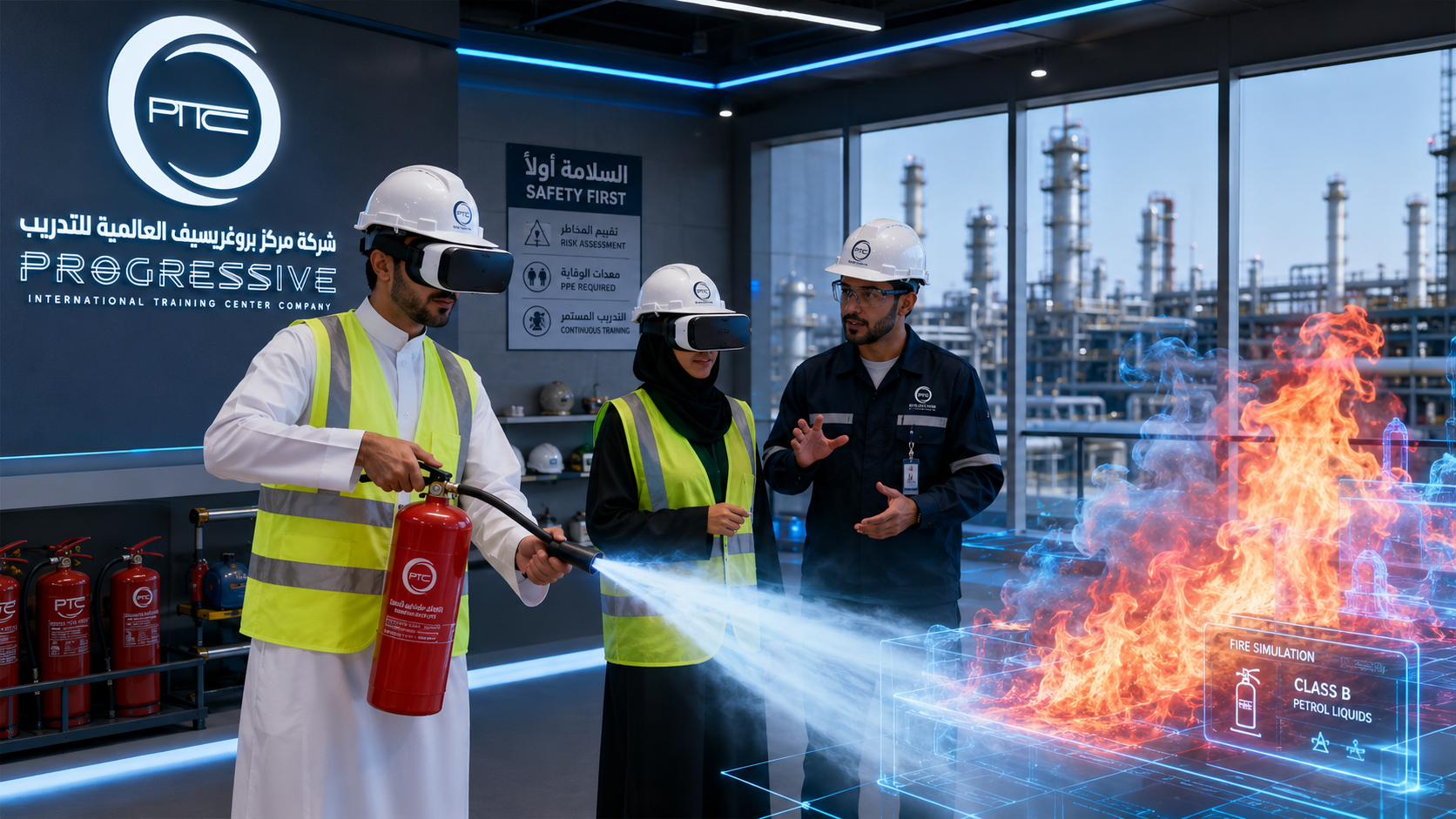 VR fire safety training Saudi Arabia — PITC KSA professionals using VR headsets